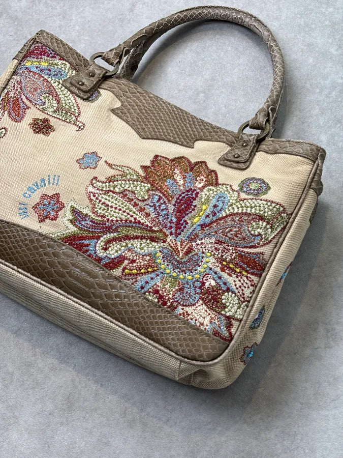 2010s Cavalli Beaded Floral Canvas & Faux Python Shoulder Bag fylgxuG 7