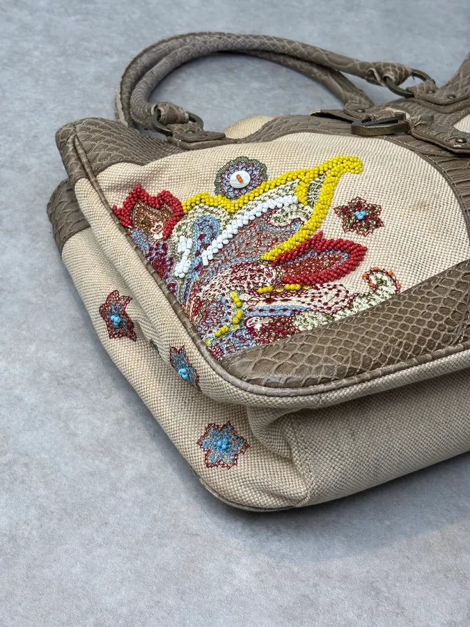 2010s Cavalli Beaded Floral Canvas & Faux Python Shoulder Bag fylgxuG 8