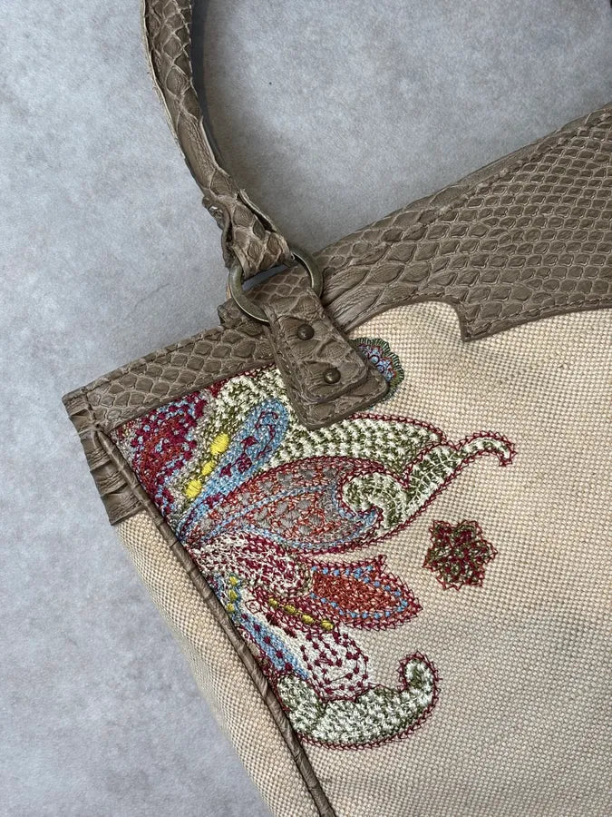 2010s Cavalli Beaded Floral Canvas & Faux Python Shoulder Bag fylgxuG 9
