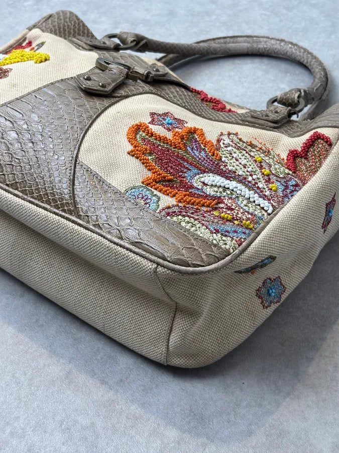 2010s Cavalli Beaded Floral Canvas & Faux Python Shoulder Bag fylgxuG 6
