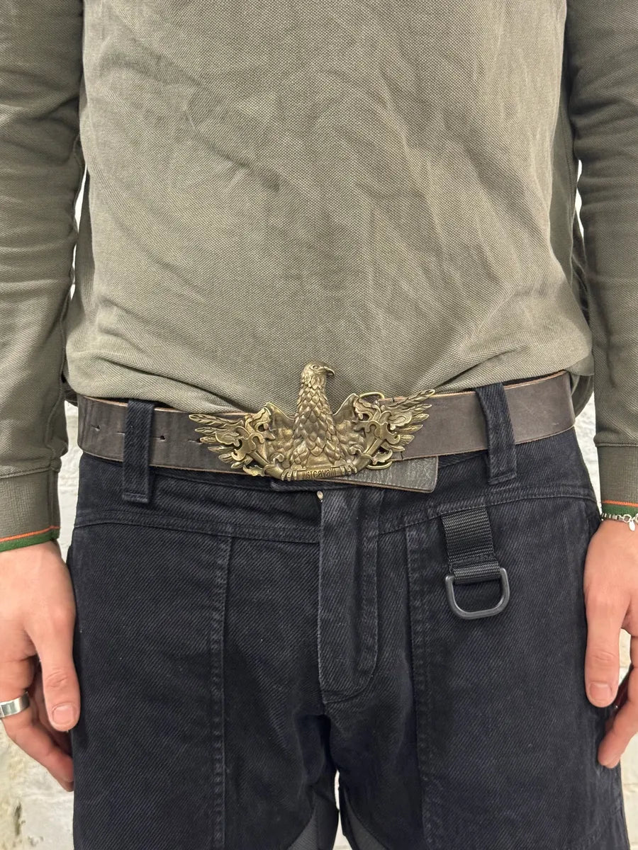 2000s Cavalli Brown Eroded Eagle Buckle Leather Belt SKHFjcv 1
