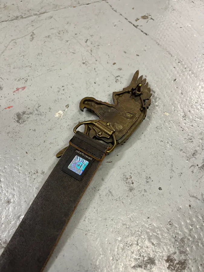 2000s Cavalli Brown Eroded Eagle Buckle Leather Belt SKHFjcv 5