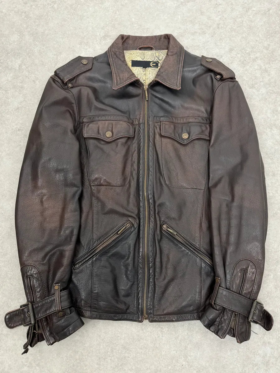 2000s Cavalli Brown Eroded Leather Buckle Jacket WLjZrGv 0