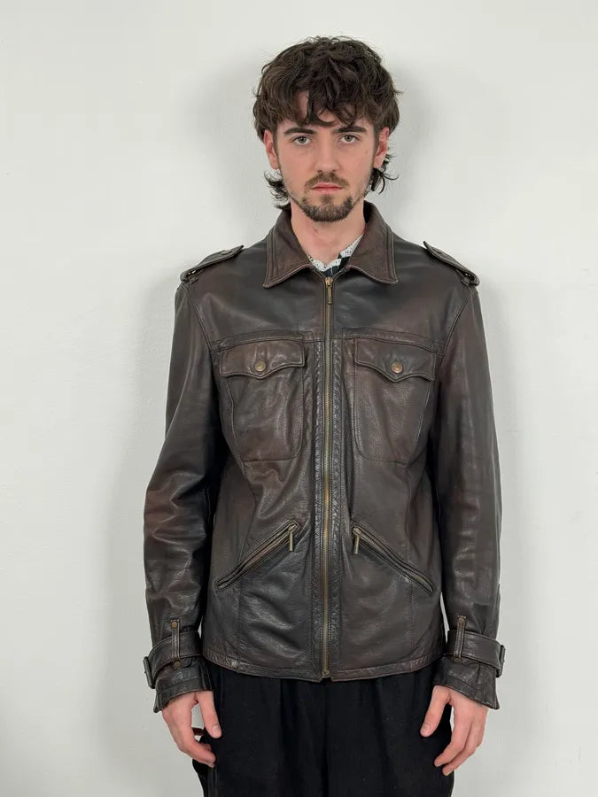 2000s Cavalli Brown Eroded Leather Buckle Jacket WLjZrGv 1