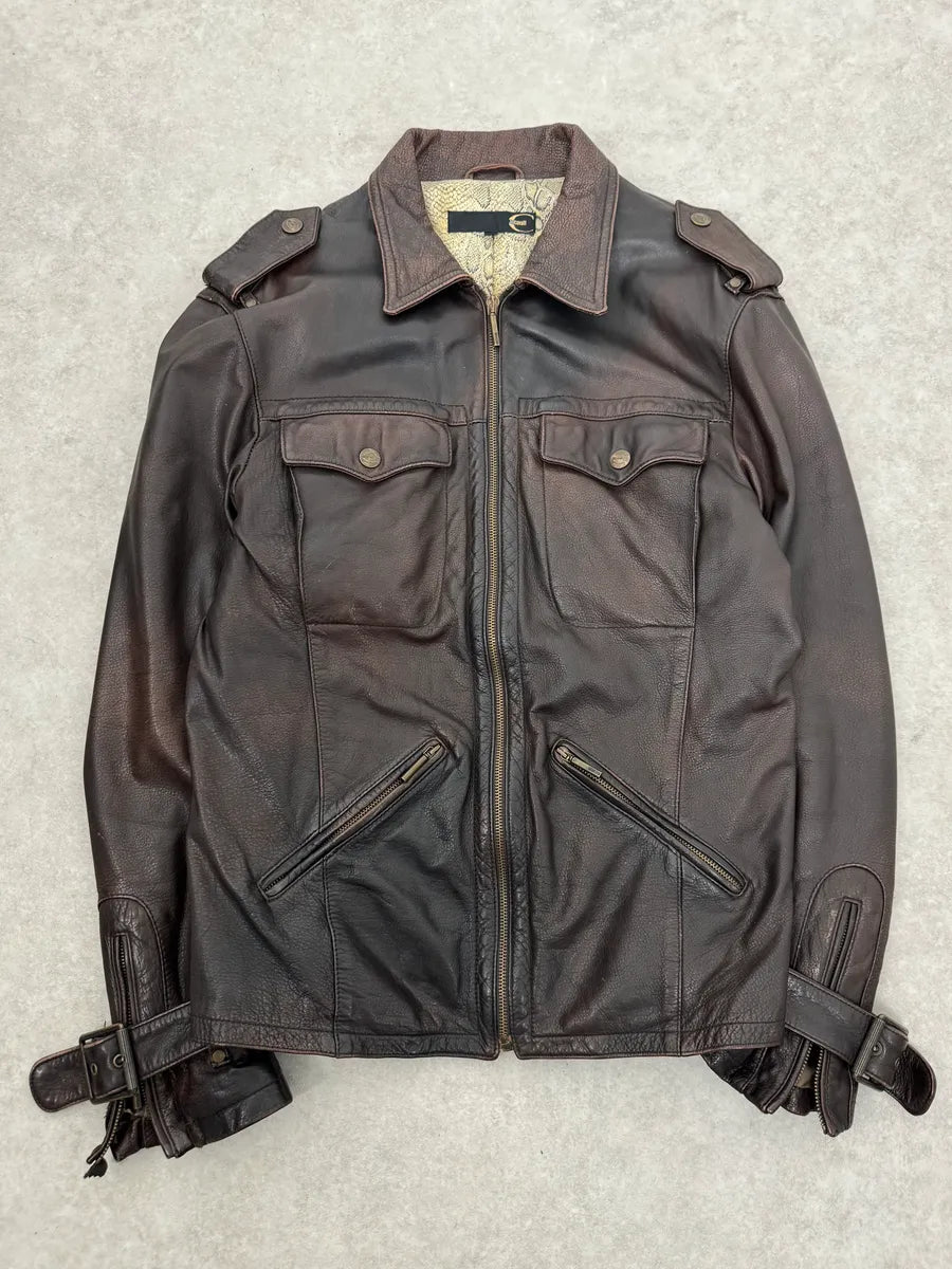 2000s Cavalli Brown Eroded Leather Buckle Jacket WLjZrGv 3