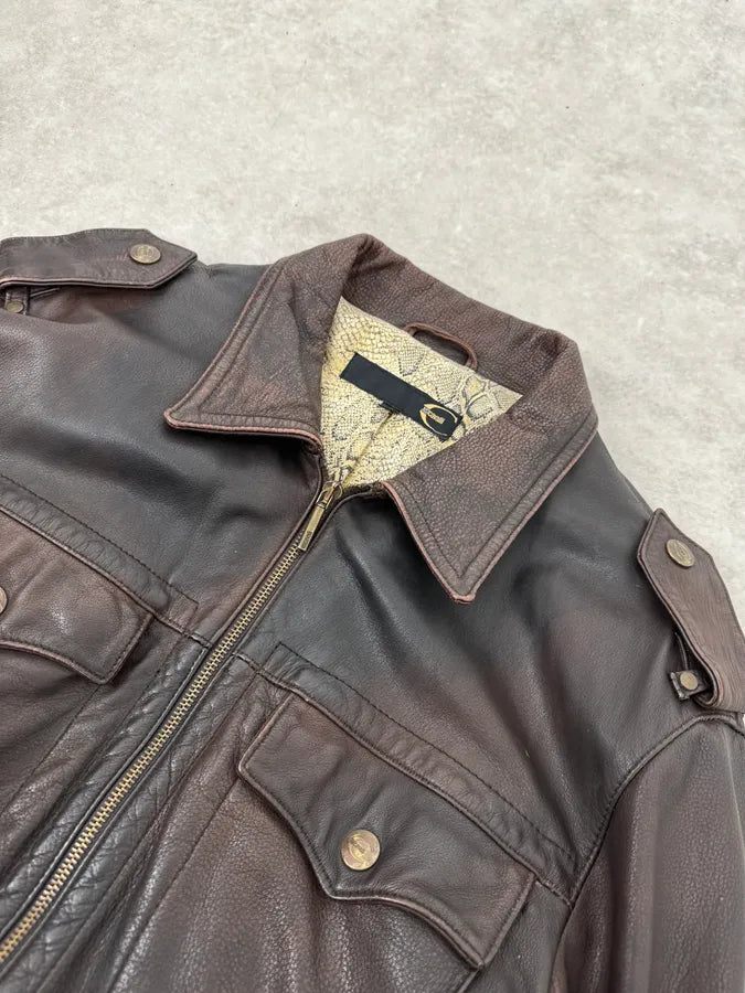 2000s Cavalli Brown Eroded Leather Buckle Jacket WLjZrGv 4