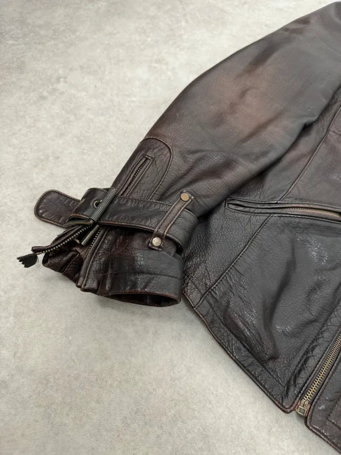 2000s Cavalli Brown Eroded Leather Buckle Jacket WLjZrGv 5