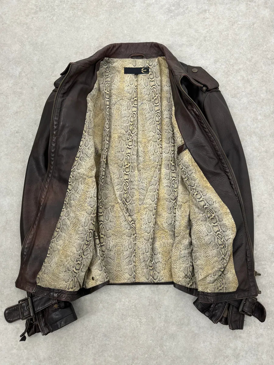 2000s Cavalli Brown Eroded Leather Buckle Jacket WLjZrGv 7