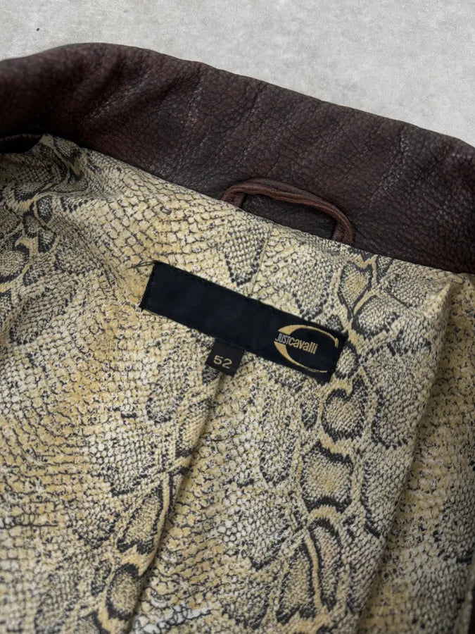 2000s Cavalli Brown Eroded Leather Buckle Jacket WLjZrGv 8
