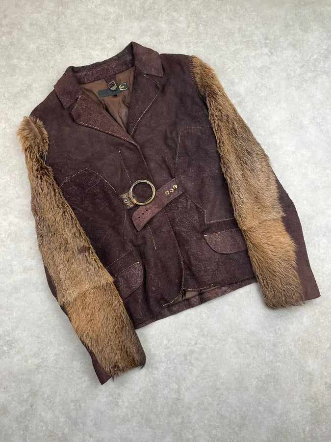 AW2007 Cavalli Brown Eroded Suede Fur Sleeves Jacket YAsRYyD 3