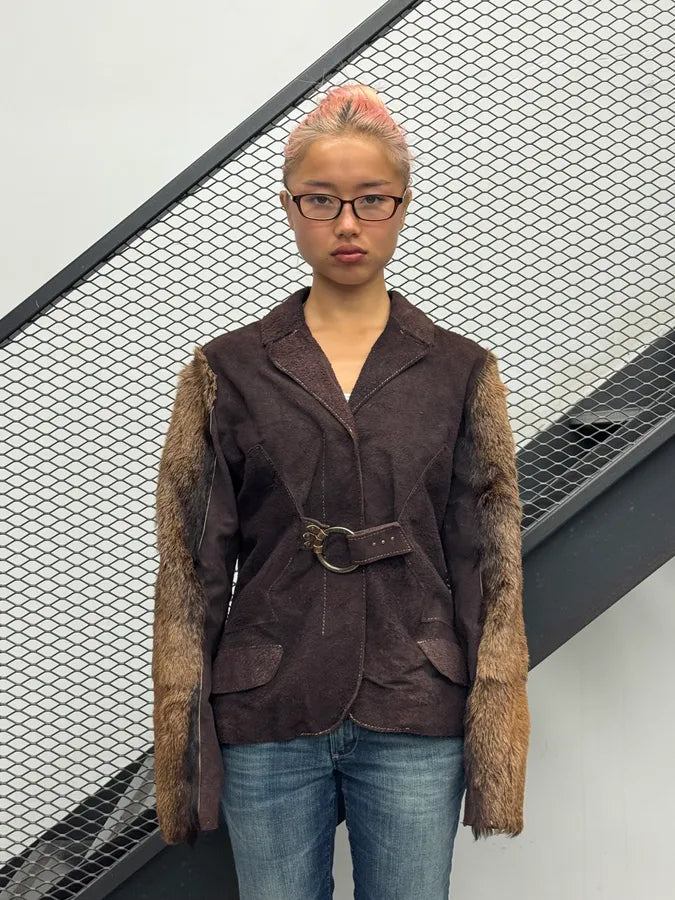 AW2007 Cavalli Brown Eroded Suede Fur Sleeves Jacket YAsRYyD 1