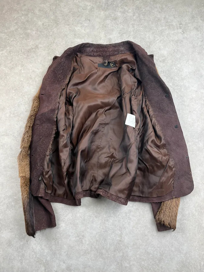 AW2007 Cavalli Brown Eroded Suede Fur Sleeves Jacket YAsRYyD 7
