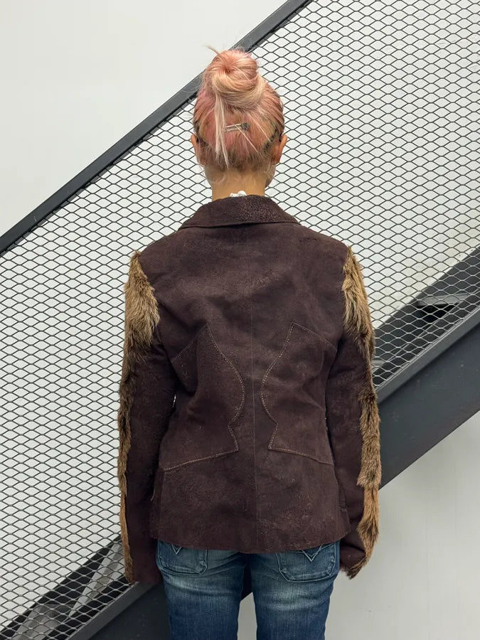 AW2007 Cavalli Brown Eroded Suede Fur Sleeves Jacket YAsRYyD 2