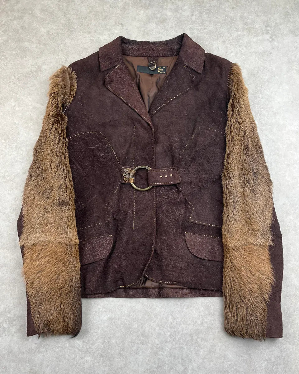 AW2007 Cavalli Brown Eroded Suede Fur Sleeves Jacket YAsRYyD 0