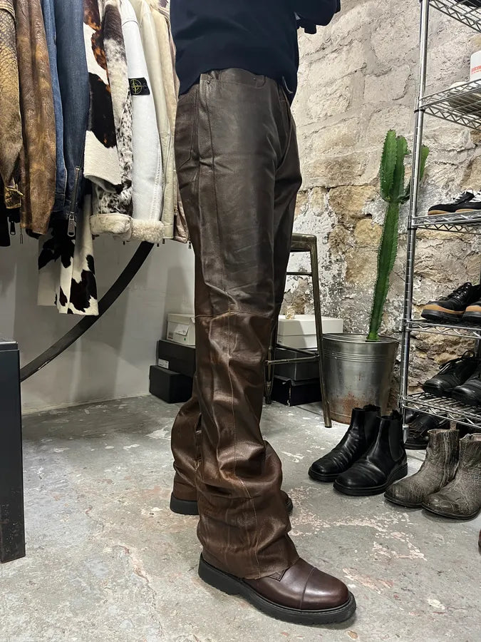2000s Cavalli Brown Faded Premium Leather Pants (L) 0