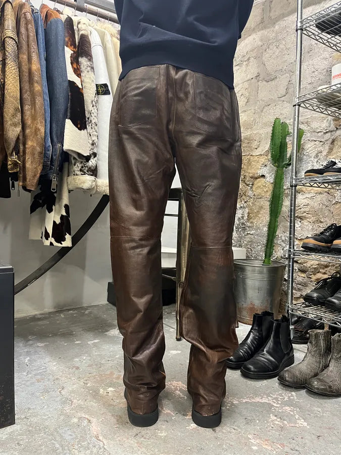 2000s Cavalli Brown Faded Premium Leather Pants (L) 1