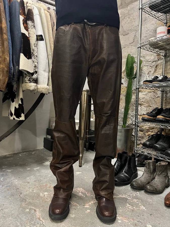 2000s Cavalli Brown Faded Premium Leather Pants (L) 2