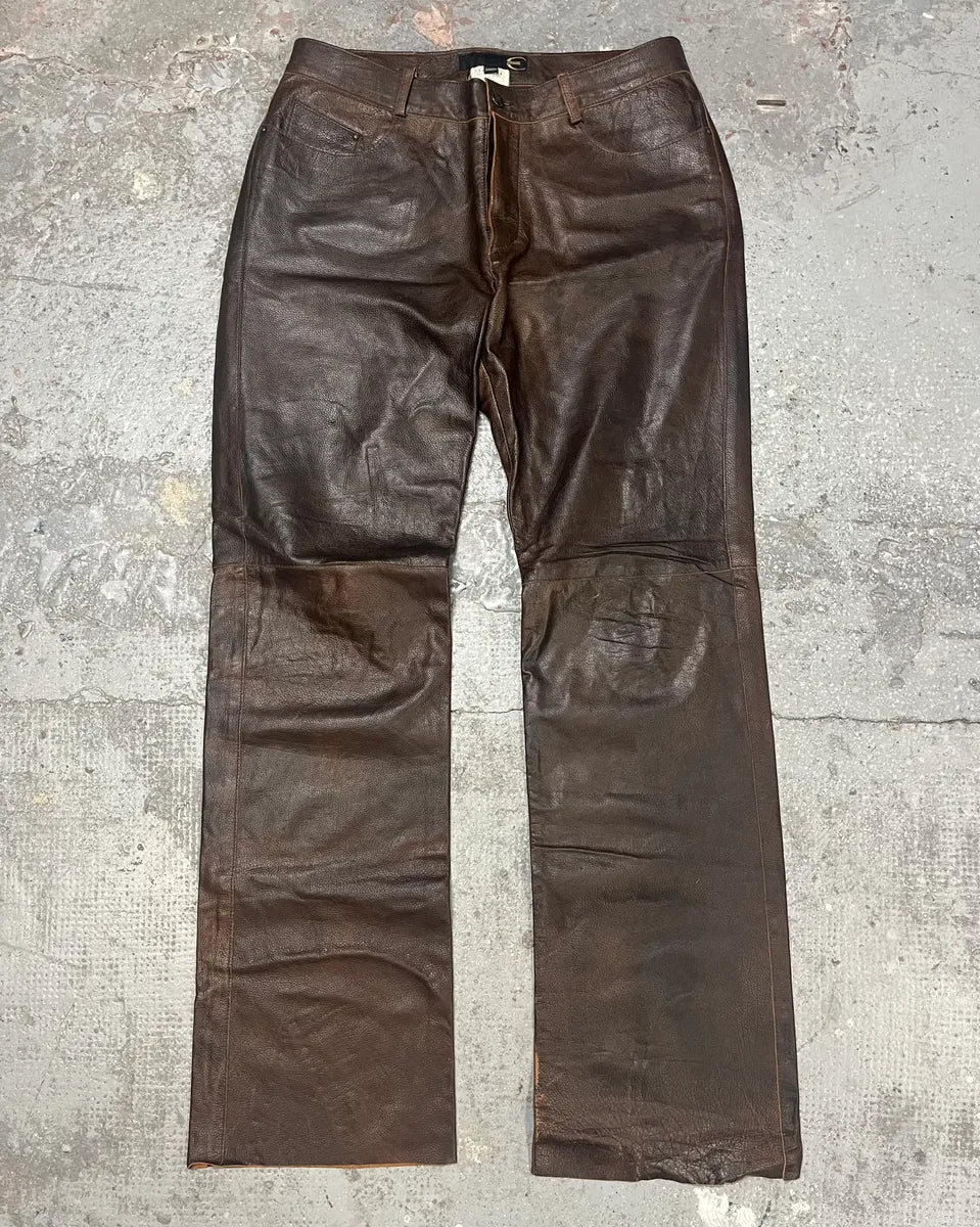 2000s Cavalli Brown Faded Premium Leather Pants (L) 3