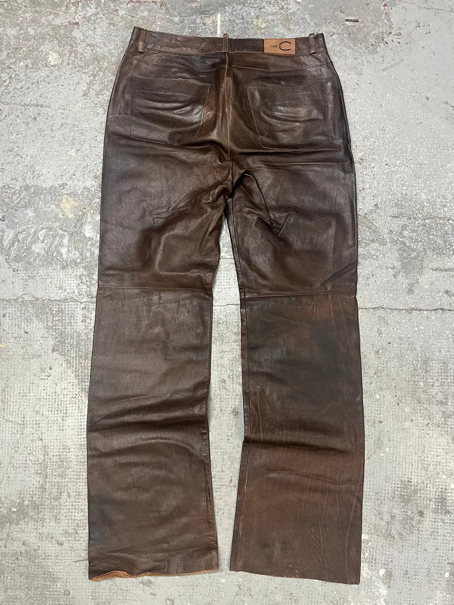 2000s Cavalli Brown Faded Premium Leather Pants (L) 4