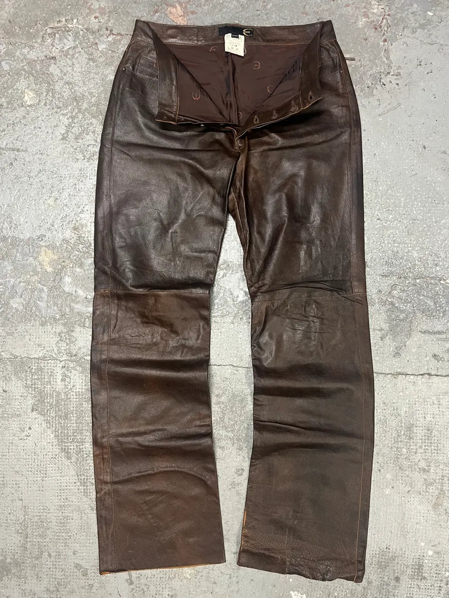 2000s Cavalli Brown Faded Premium Leather Pants (L) 5