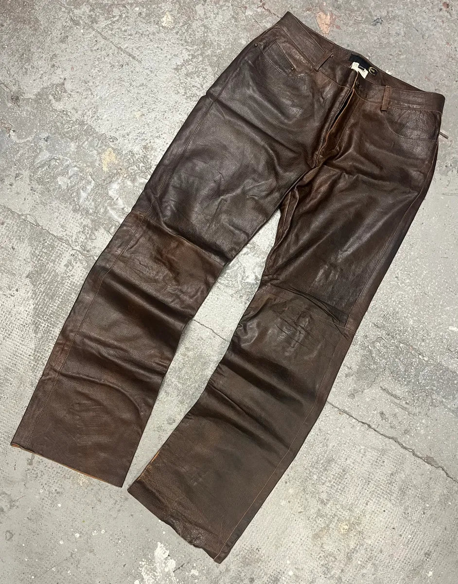 2000s Cavalli Brown Faded Premium Leather Pants (L) 6