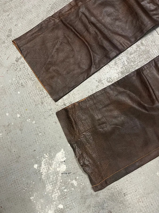 2000s Cavalli Brown Faded Premium Leather Pants (L) 7
