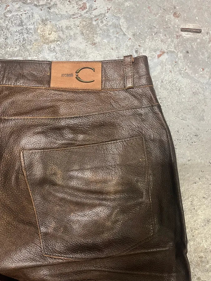 2000s Cavalli Brown Faded Premium Leather Pants (L) 8