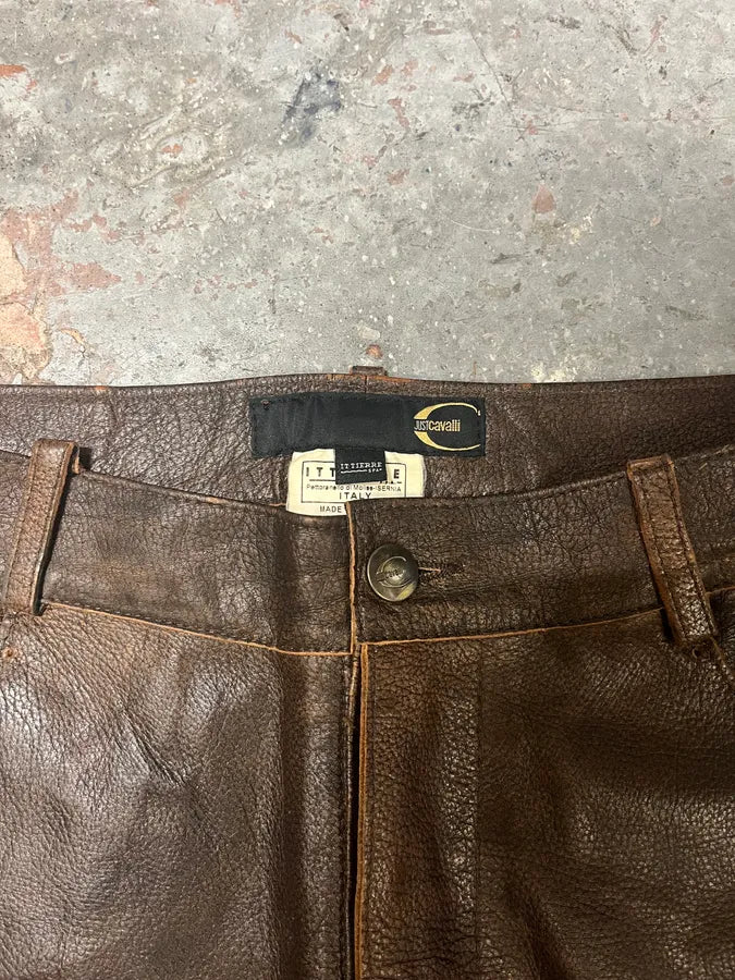 2000s Cavalli Brown Faded Premium Leather Pants (L) 9