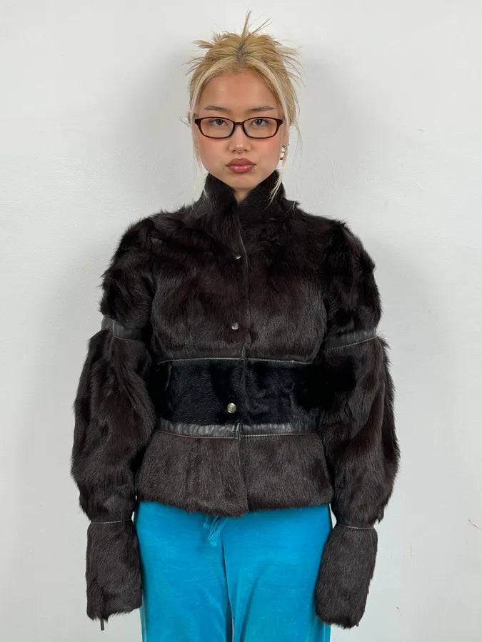 2000s Cavalli Brown Fur Leather Jacket qJAEleX 0