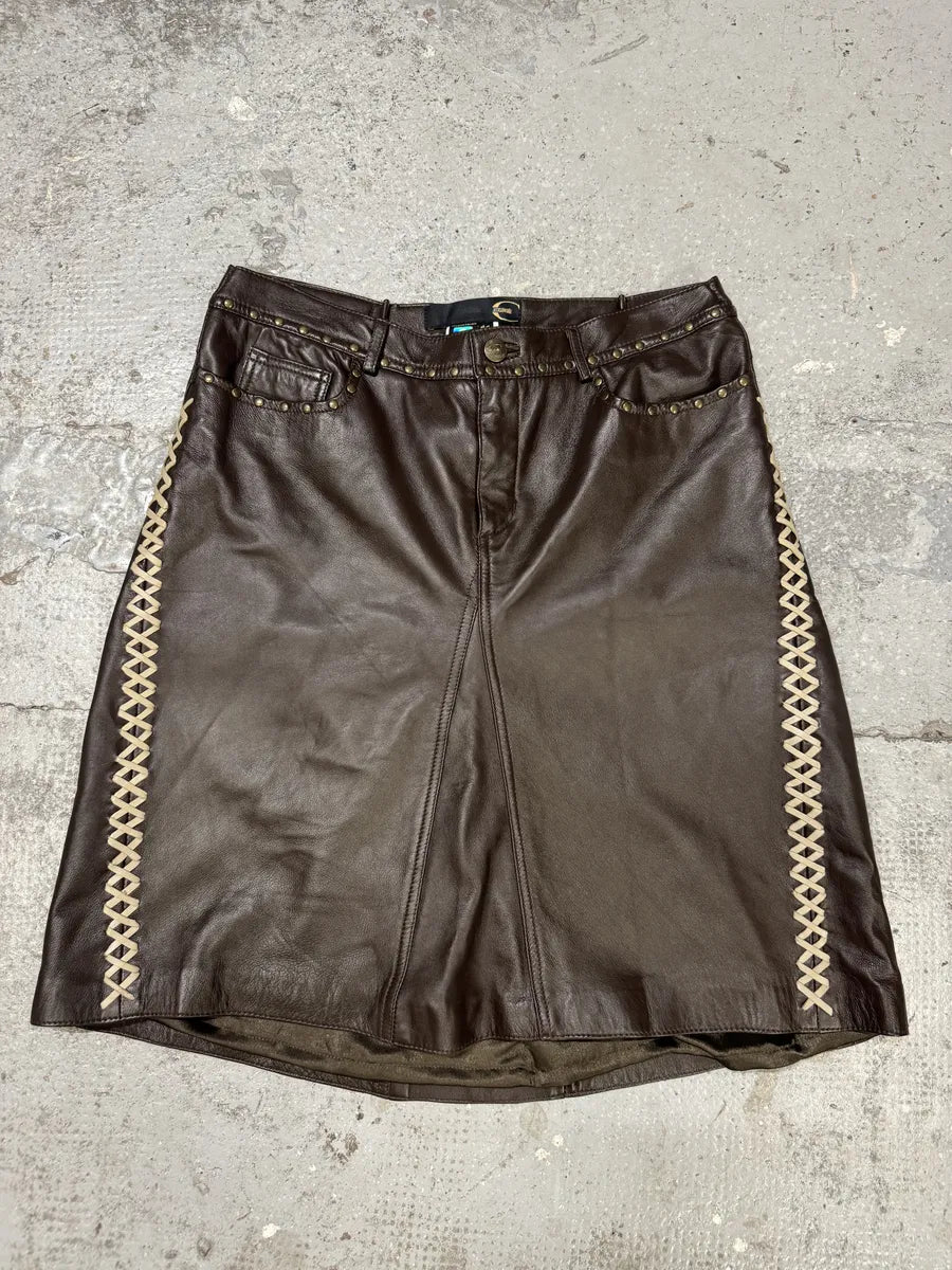 2000s Cavalli Brown Leather Embellished Skirt (M) PTTBkis 0