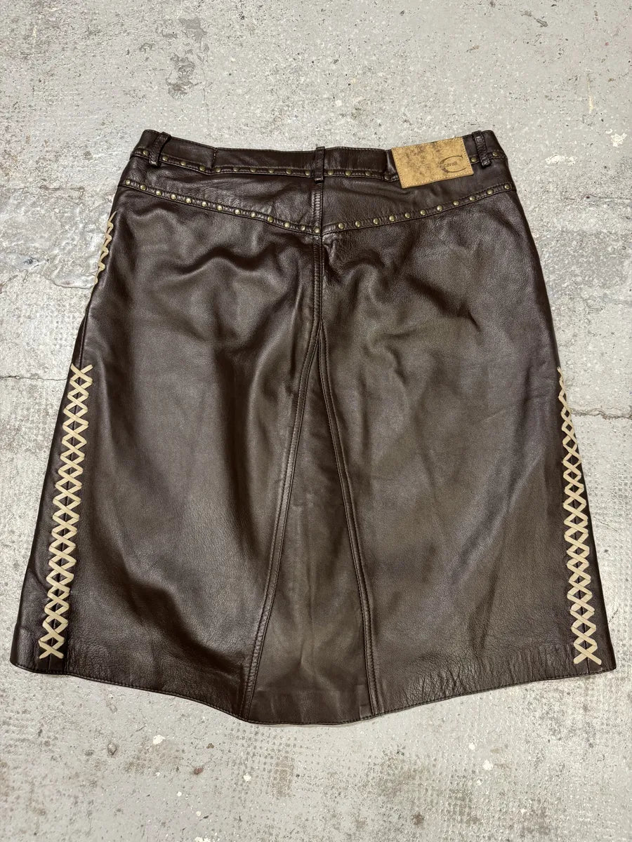 2000s Cavalli Brown Leather Embellished Skirt (M) PTTBkis 1