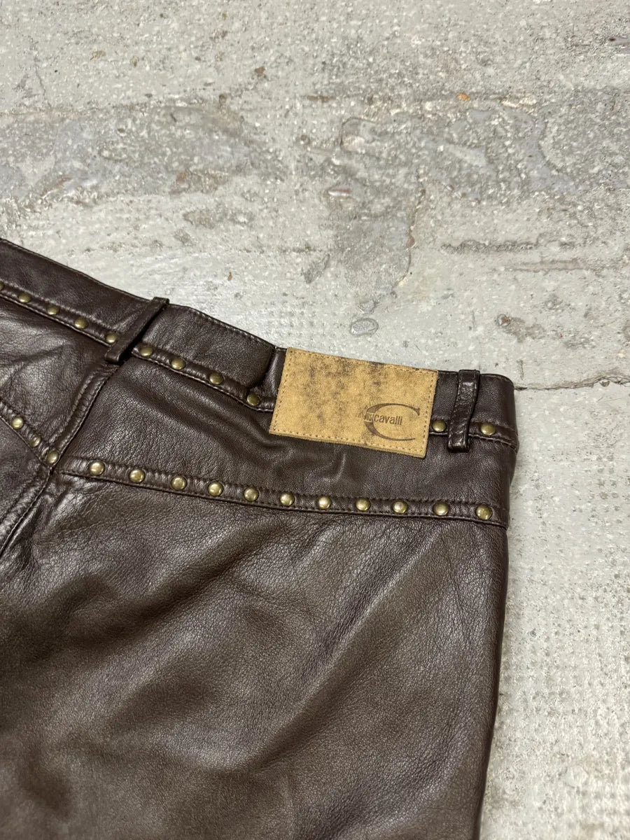 2000s Cavalli Brown Leather Embellished Skirt (M) PTTBkis 3
