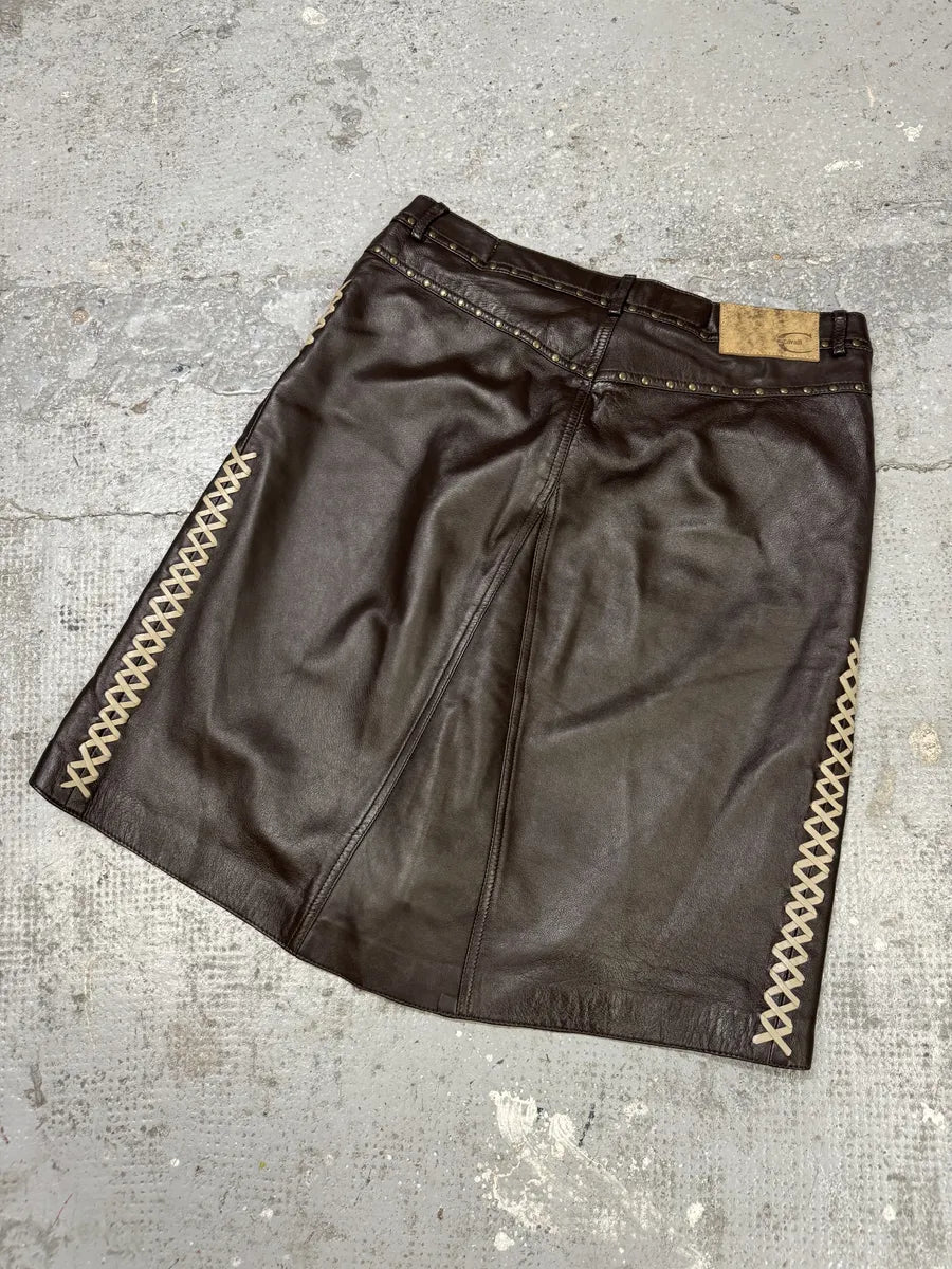 2000s Cavalli Brown Leather Embellished Skirt (M) PTTBkis 4