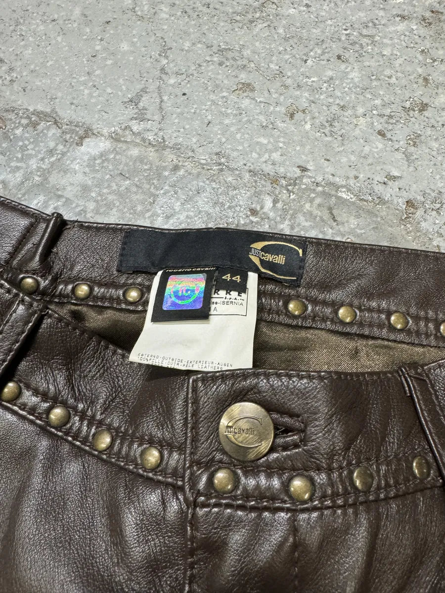 2000s Cavalli Brown Leather Embellished Skirt (M) PTTBkis 6