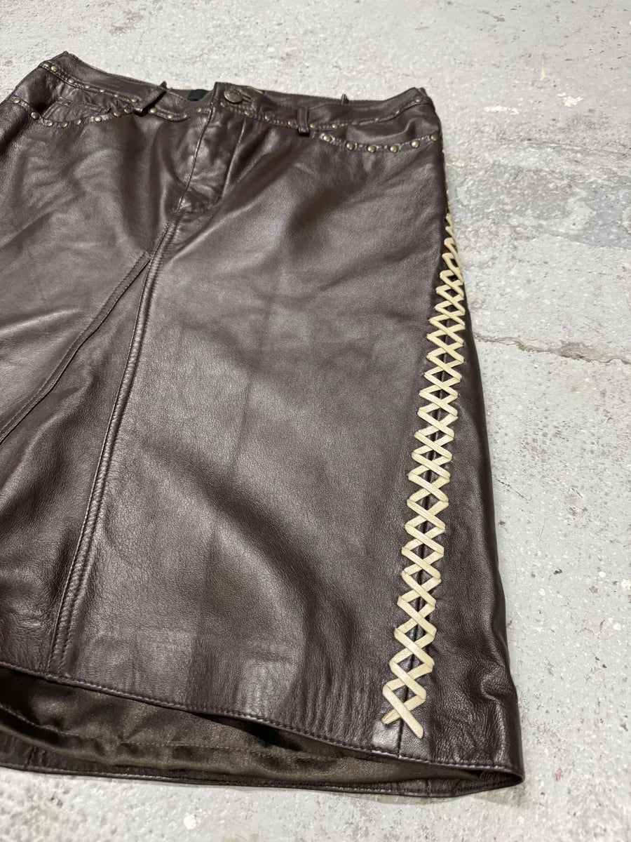 2000s Cavalli Brown Leather Embellished Skirt (M) PTTBkis 7