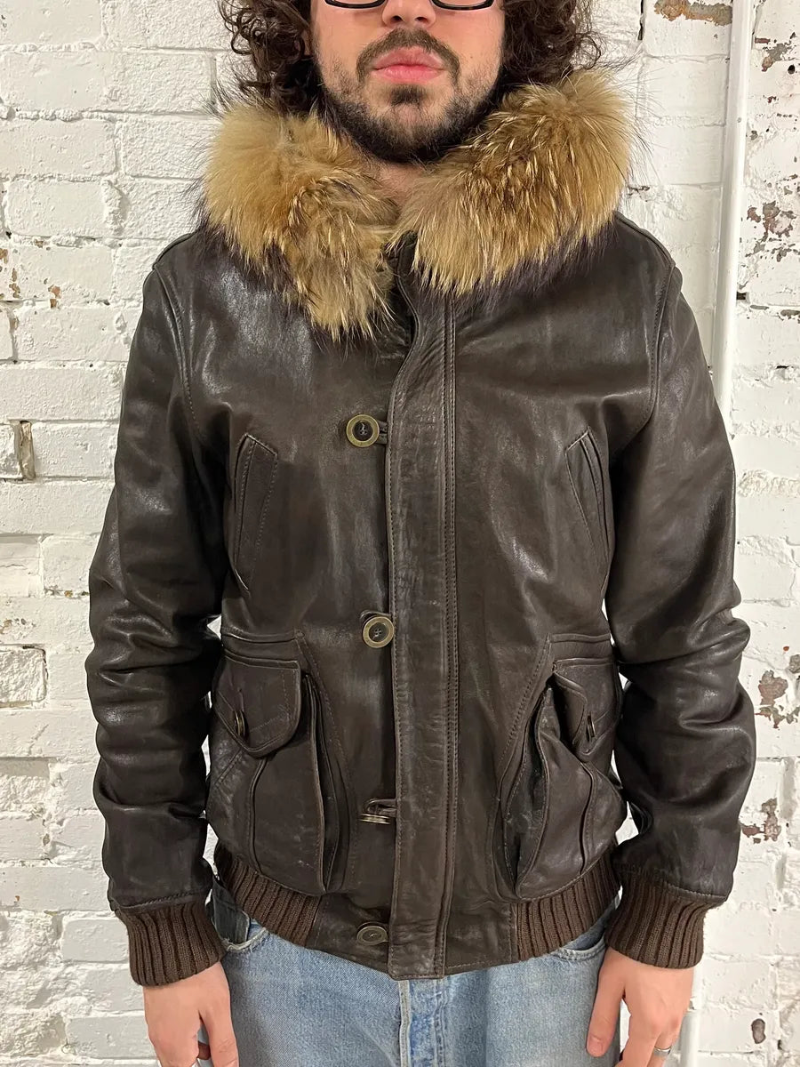 2000s Cavalli Brown Leather Fur Hooded Bomber Jacket HwwDwlQ 0