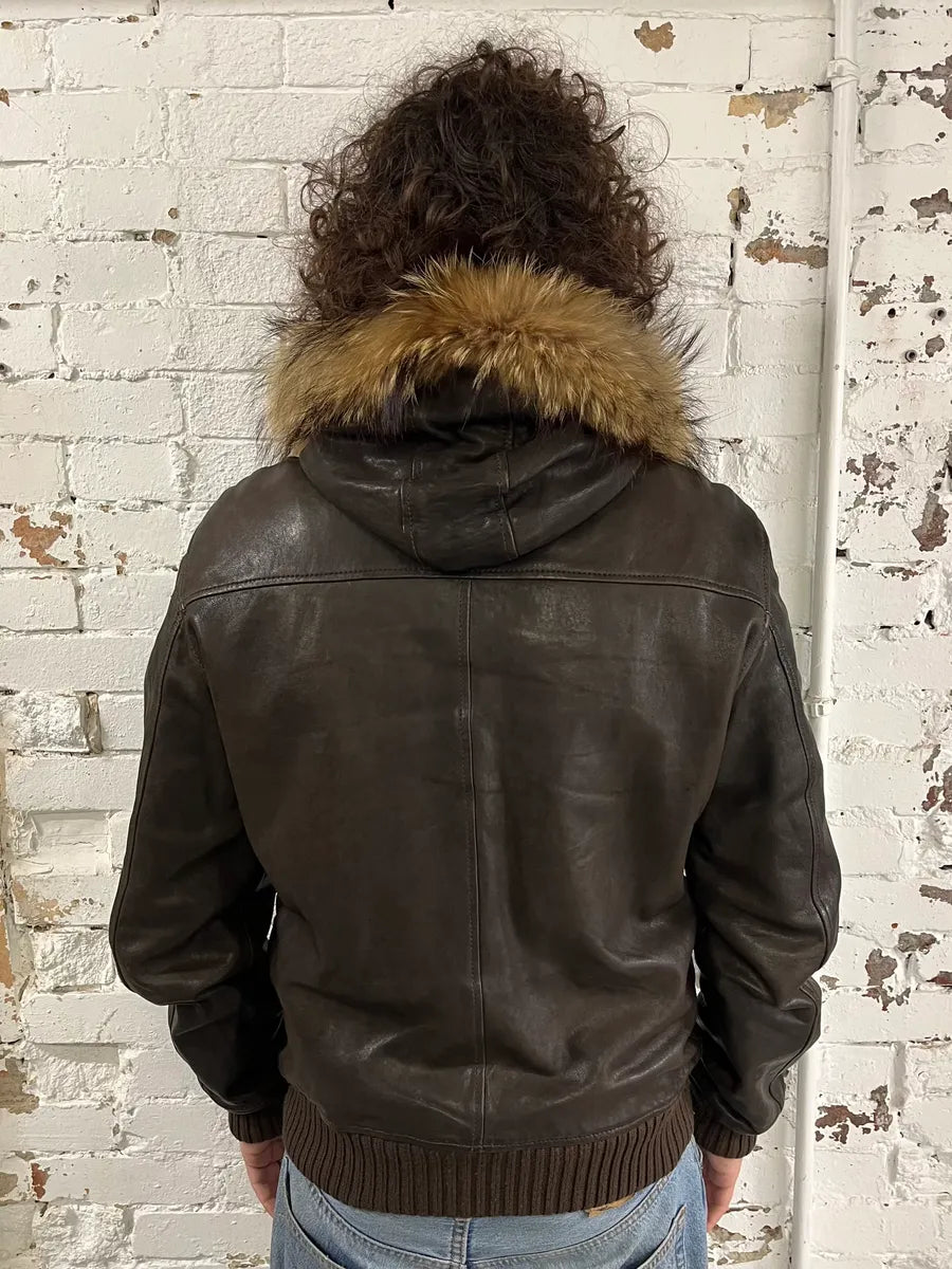 2000s Cavalli Brown Leather Fur Hooded Bomber Jacket HwwDwlQ 1