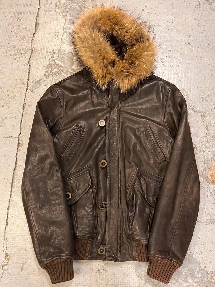 2000s Cavalli Brown Leather Fur Hooded Bomber Jacket HwwDwlQ 2