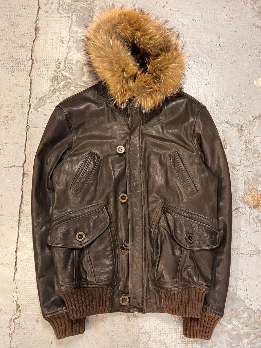 2000s Cavalli Brown Leather Fur Hooded Bomber Jacket HwwDwlQ 3