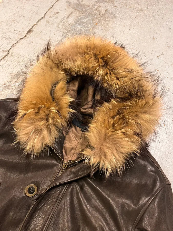 2000s Cavalli Brown Leather Fur Hooded Bomber Jacket HwwDwlQ 4