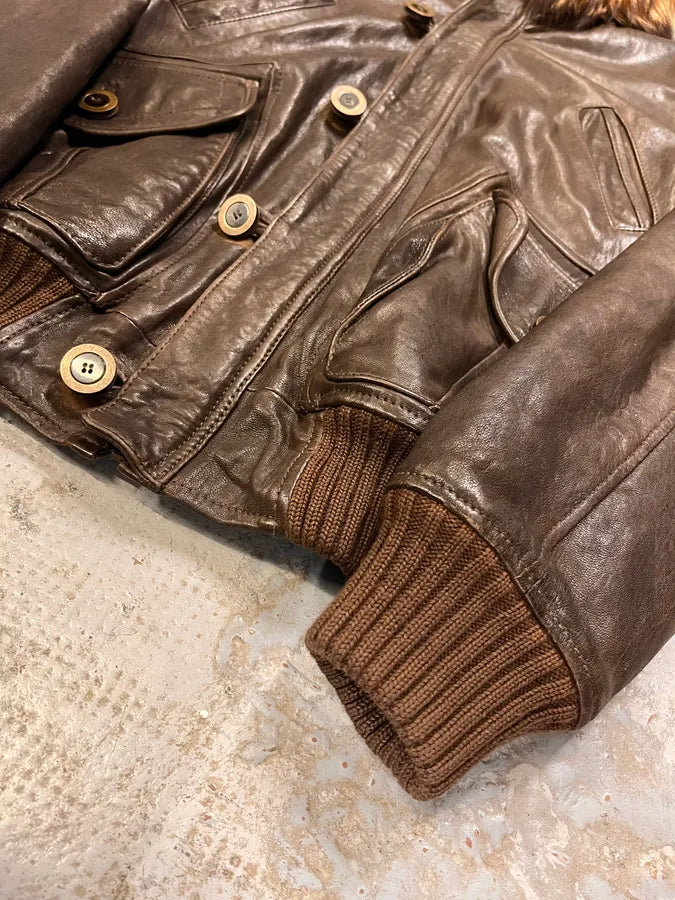 2000s Cavalli Brown Leather Fur Hooded Bomber Jacket HwwDwlQ 5