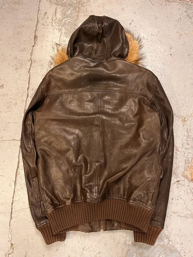 2000s Cavalli Brown Leather Fur Hooded Bomber Jacket HwwDwlQ 6