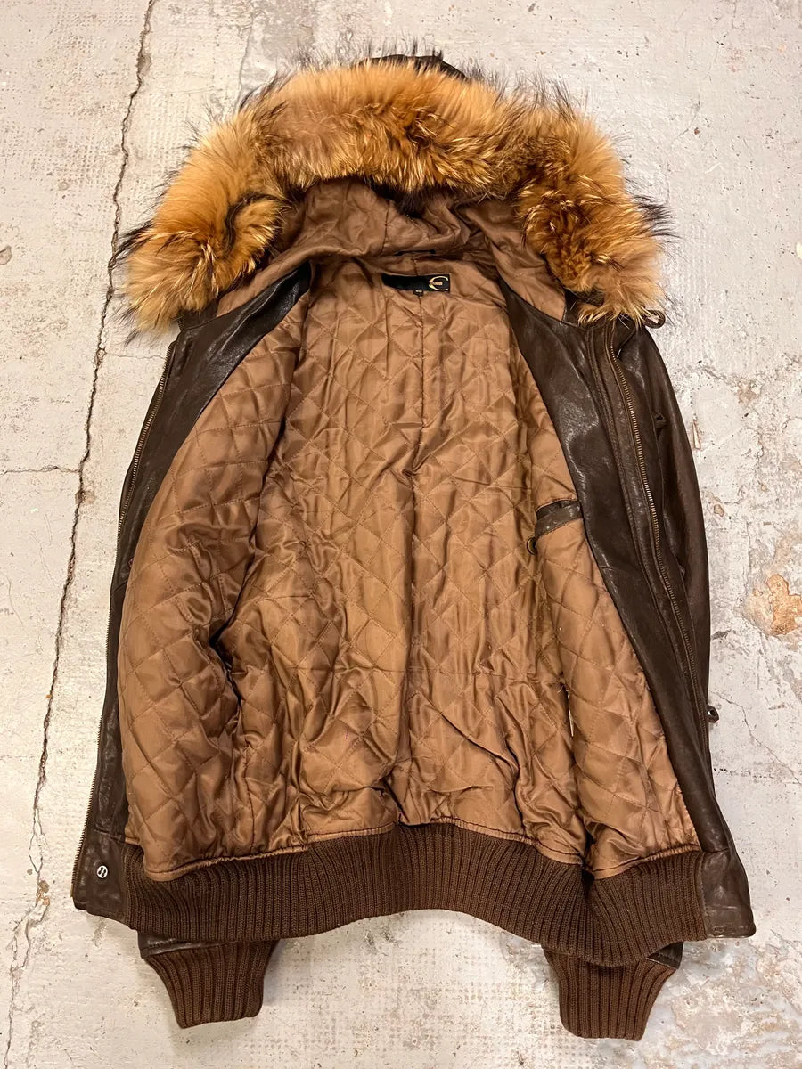 2000s Cavalli Brown Leather Fur Hooded Bomber Jacket HwwDwlQ 7