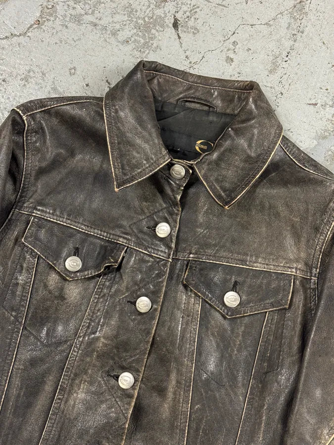 2000s Cavalli Grey Eroded Leather Trucker Jacket swHkcAn 7