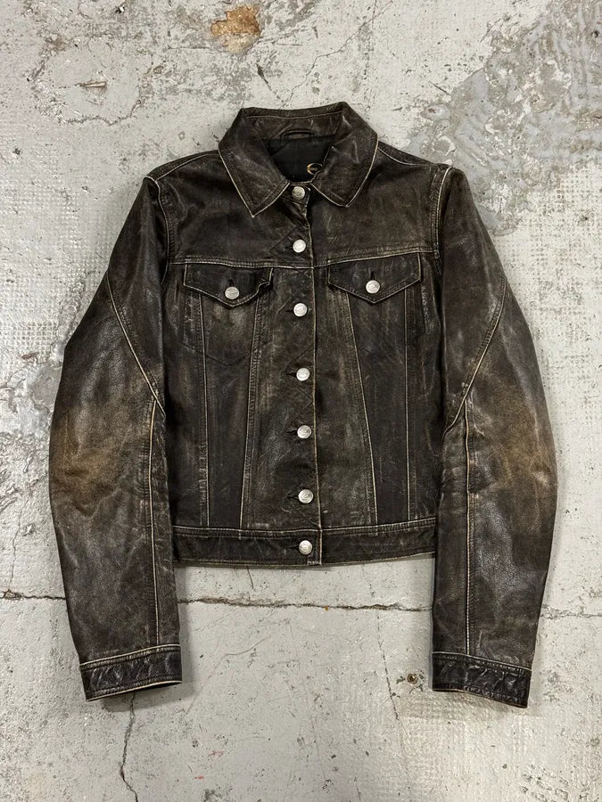 2000s Cavalli Grey Eroded Leather Trucker Jacket swHkcAn 0
