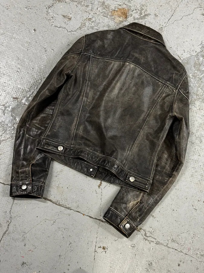 2000s Cavalli Grey Eroded Leather Trucker Jacket swHkcAn 5