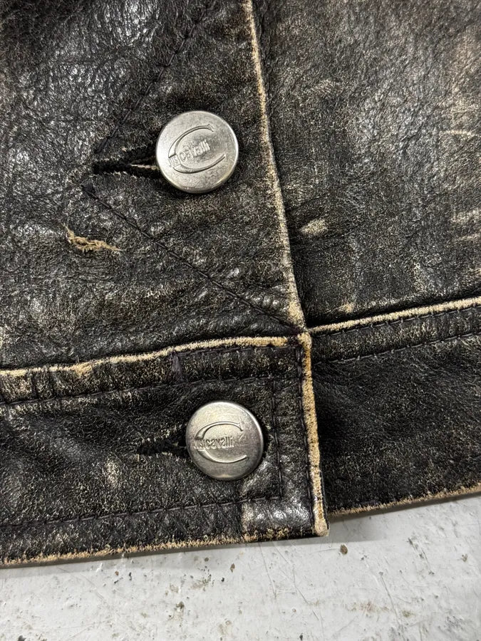 2000s Cavalli Grey Eroded Leather Trucker Jacket swHkcAn 9