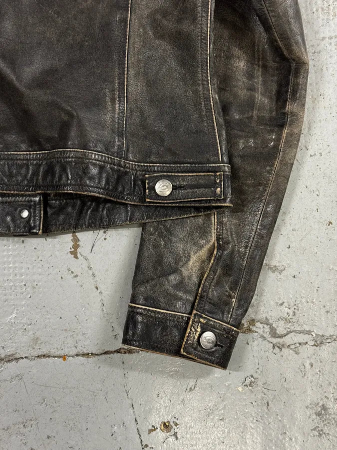 2000s Cavalli Grey Eroded Leather Trucker Jacket swHkcAn 8