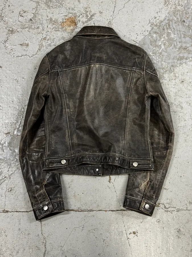 2000s Cavalli Grey Eroded Leather Trucker Jacket swHkcAn 3