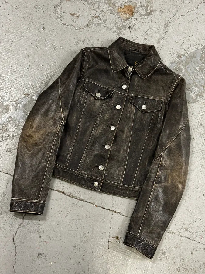 2000s Cavalli Grey Eroded Leather Trucker Jacket swHkcAn 4